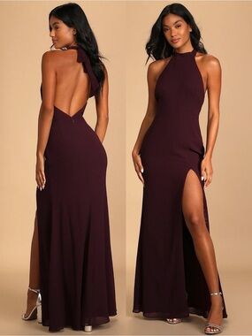 NWT Lulu’s Captured Your Heart Dark Purple Halter Maxi Dress Extra Large Glam